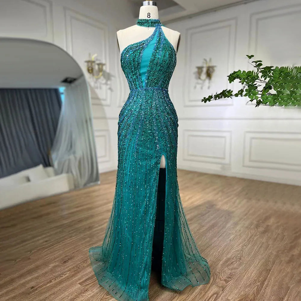 Zapdress Green Halter Sleeveless Beaded Mermaid High Split Evening Dresses Party Gowns for Women DLA72092 Customized (ZD17217)