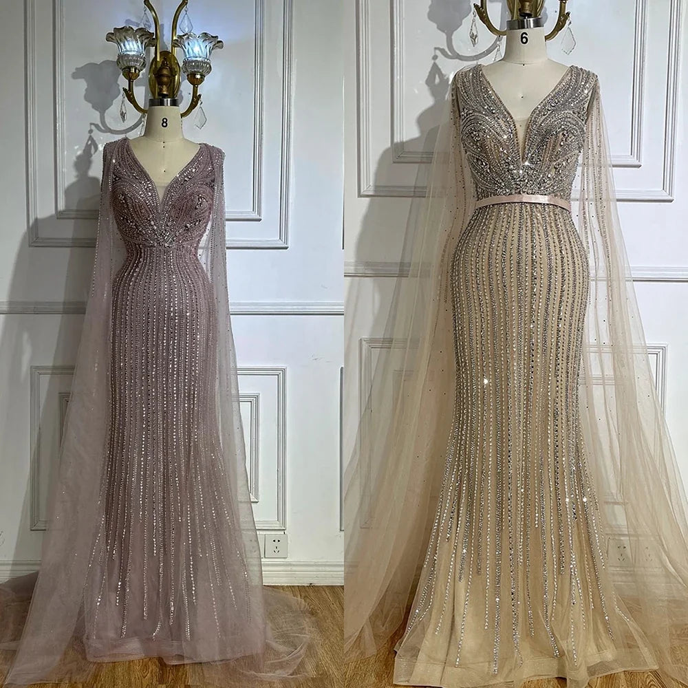 Zapdress 2026 Customized Pink Cape Sleeves Mermaid Beaded Evening Dresses Gowns for Women Wedding Party 2025 (ZD17186)