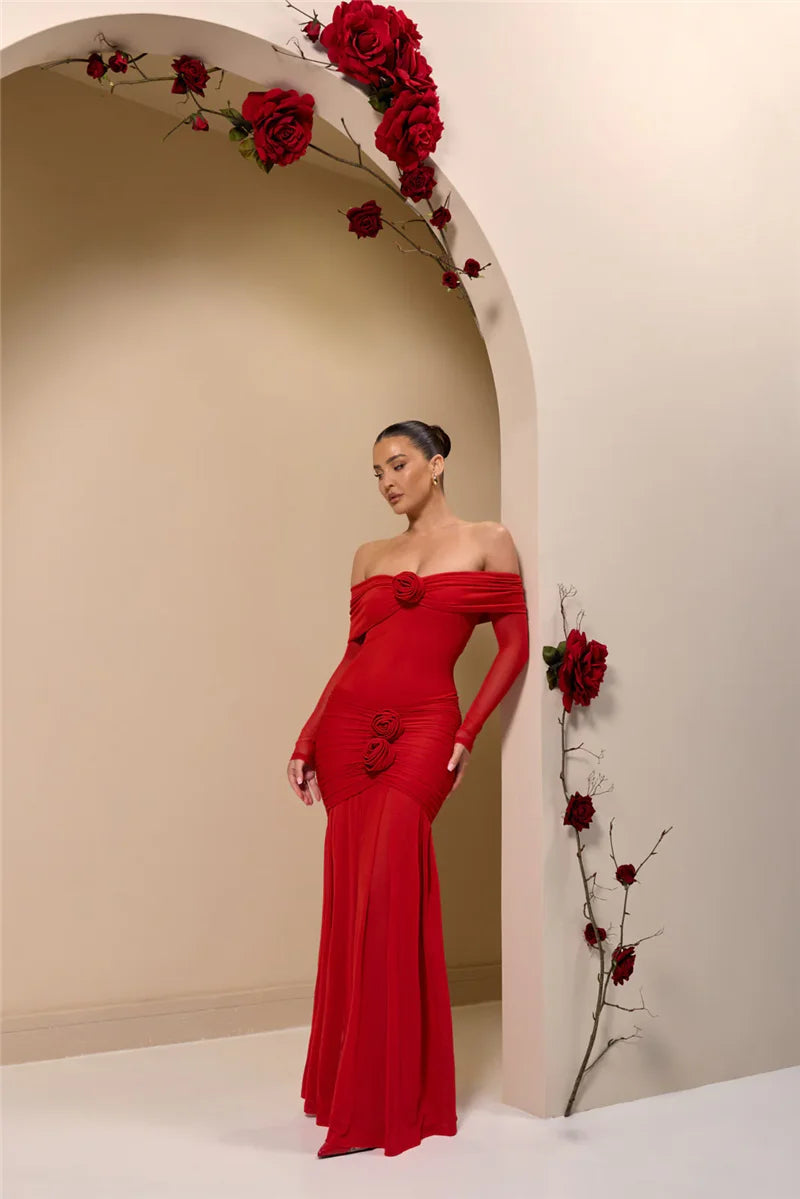 Off - shoulder Strapless Rose Long Sleeve Dress