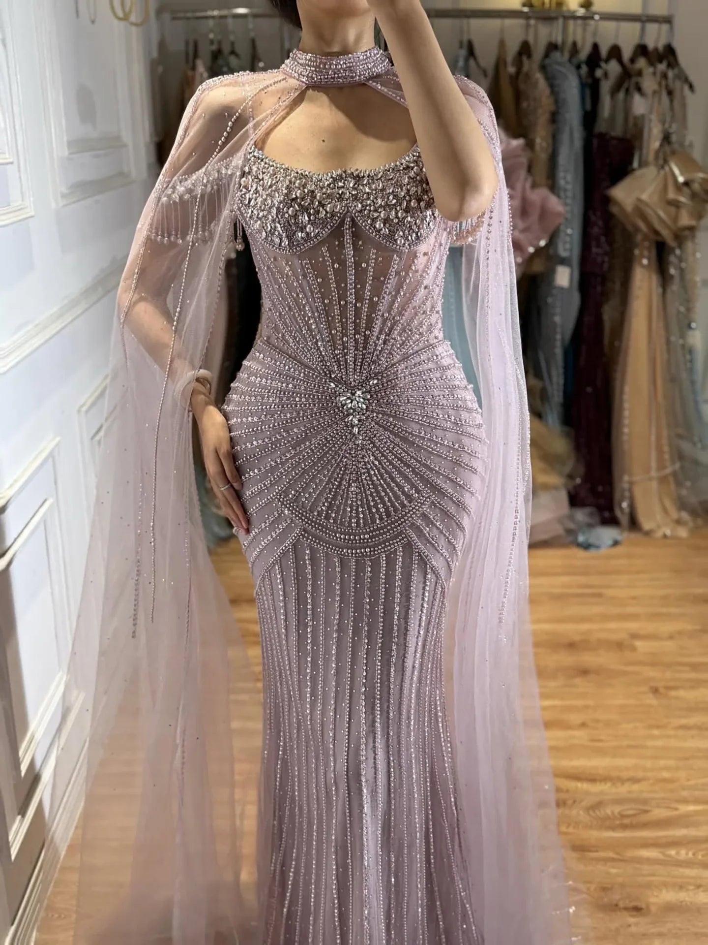 Zapdress Caramel Pearl Beaded Illusion Mermaid Evening Gown 2026 Party Dresses with Sheer Cape DLA73148C Customized (ZD17234)