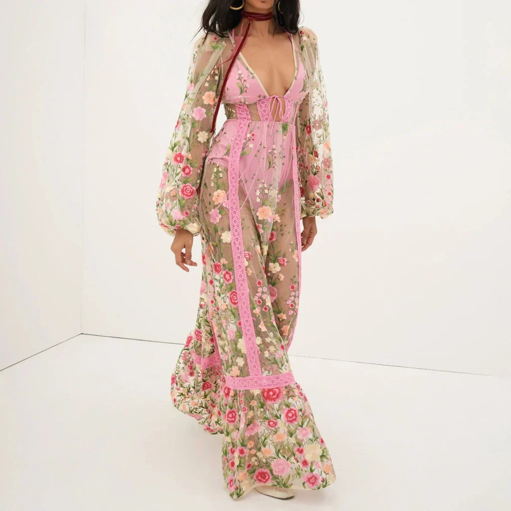 Sheer Lace Embroidery Floral Dress - VelvetHem