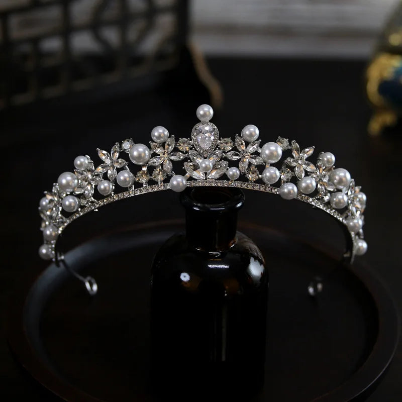 Princess Wedding Crowns For Bride Hair Accessories Flower Pearl Bridal Tiara Crown For Women Party Prom Wedding Hair Headdress as picture