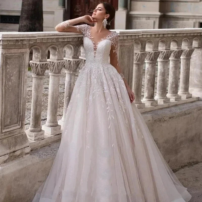 Appliques Vestido De Noiva Deep V-neck Vestidos De Novia Long Sleeves Wedding Dresses Lace Robe De Mariée (ZD14030)