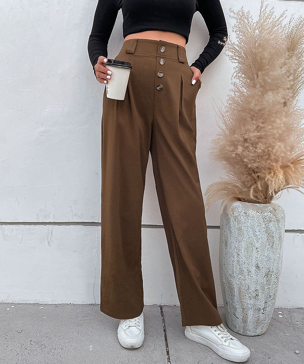 Solid Button Front Casual Women Pants