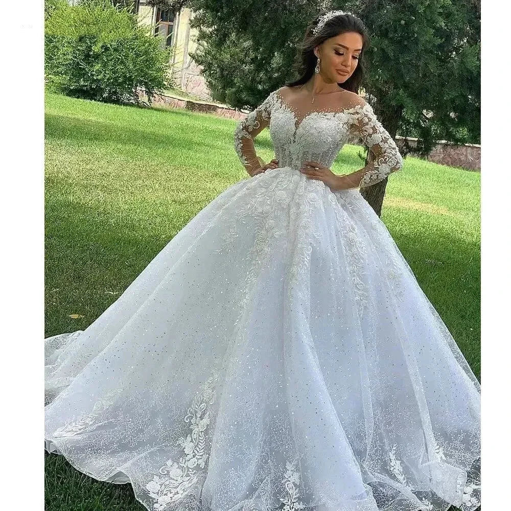 Princess Ball Gown Wedding Dresses 2023 O Neck Long Sleeves Vestido Casamento Lace Up Appliqus Beaded Bride Gowns Suknie Slubne (ZD14118)