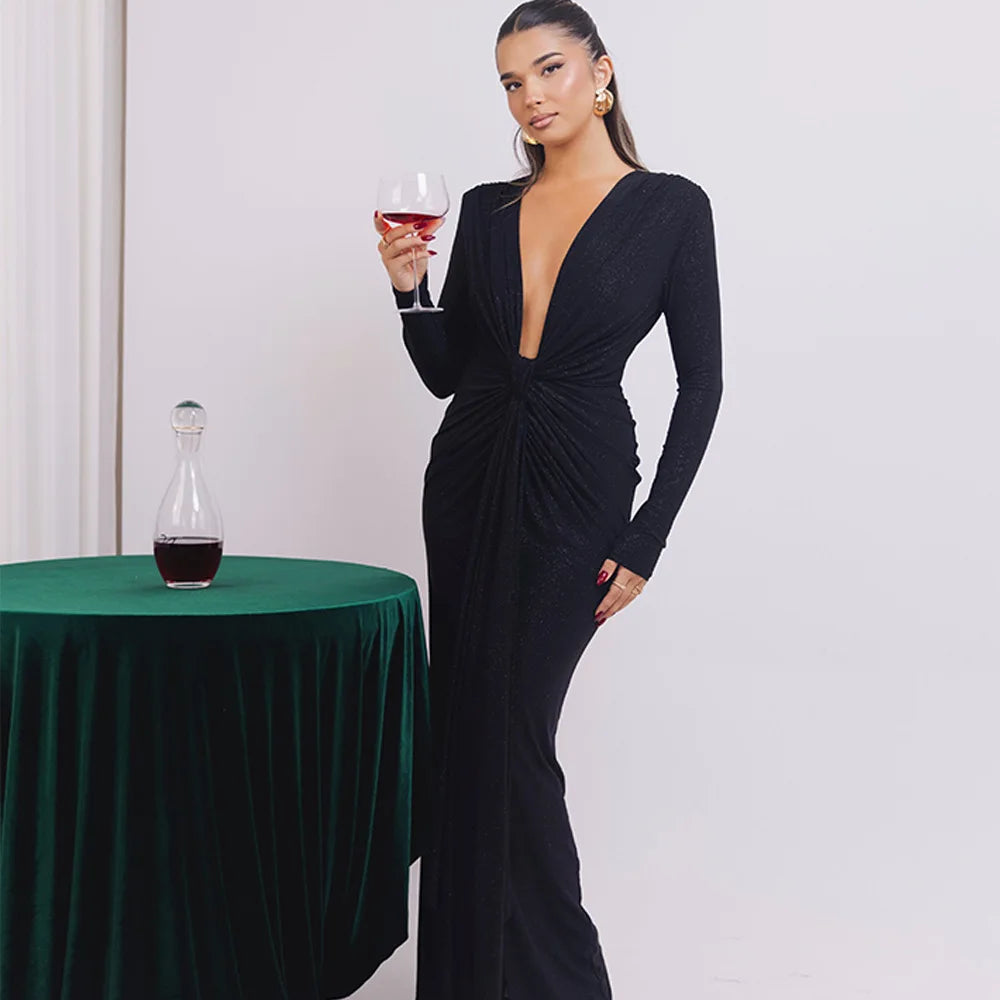 Elastic Deep V - Fold Lace Maxi Dress
