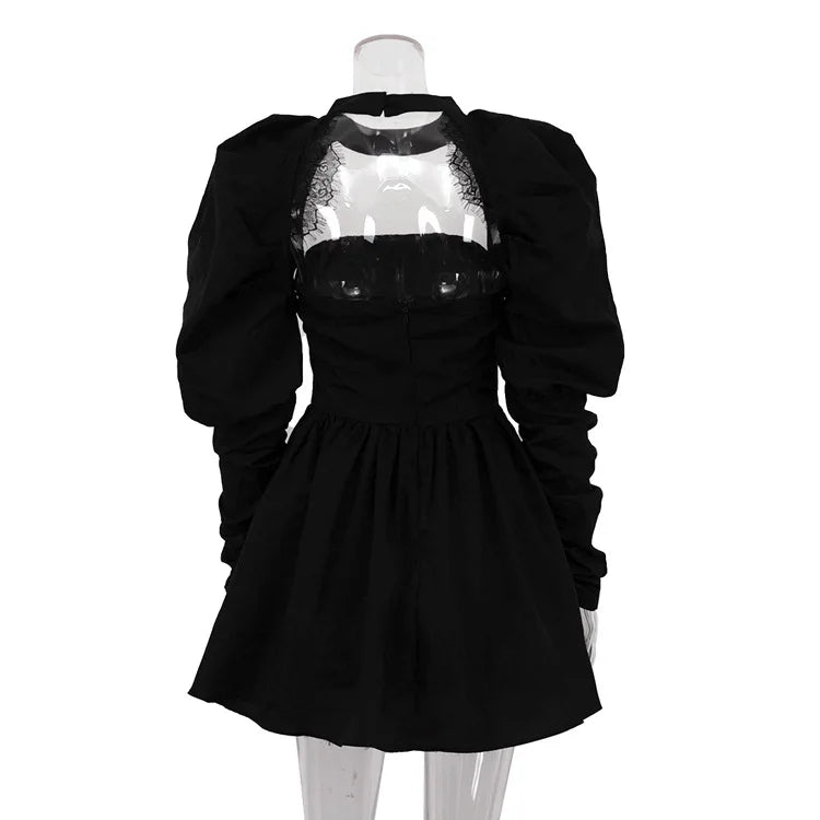 Puff Long - sleeved Black Mini Dress