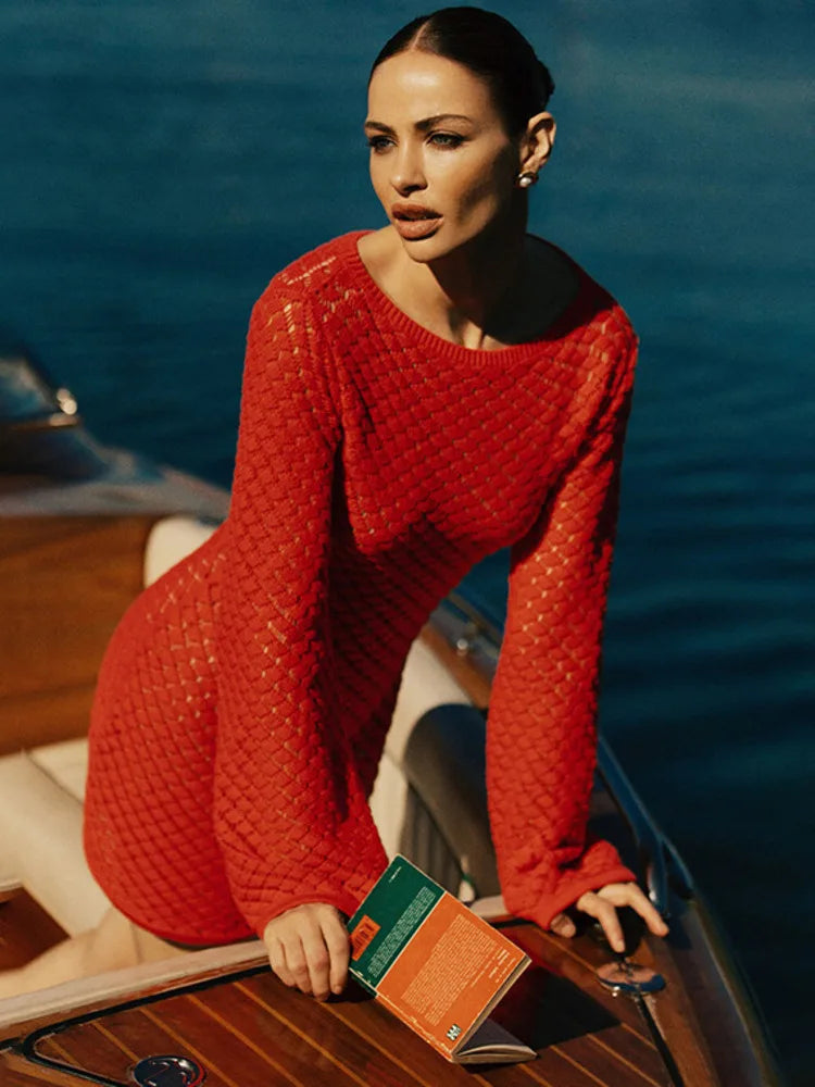 O - Neck Long Sleeve Knit Mini Dress