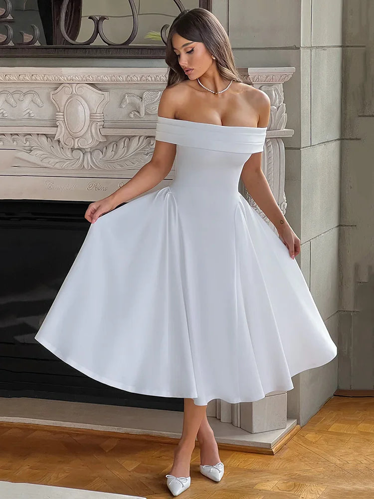 Off - Shoulder Flare Midi Dress