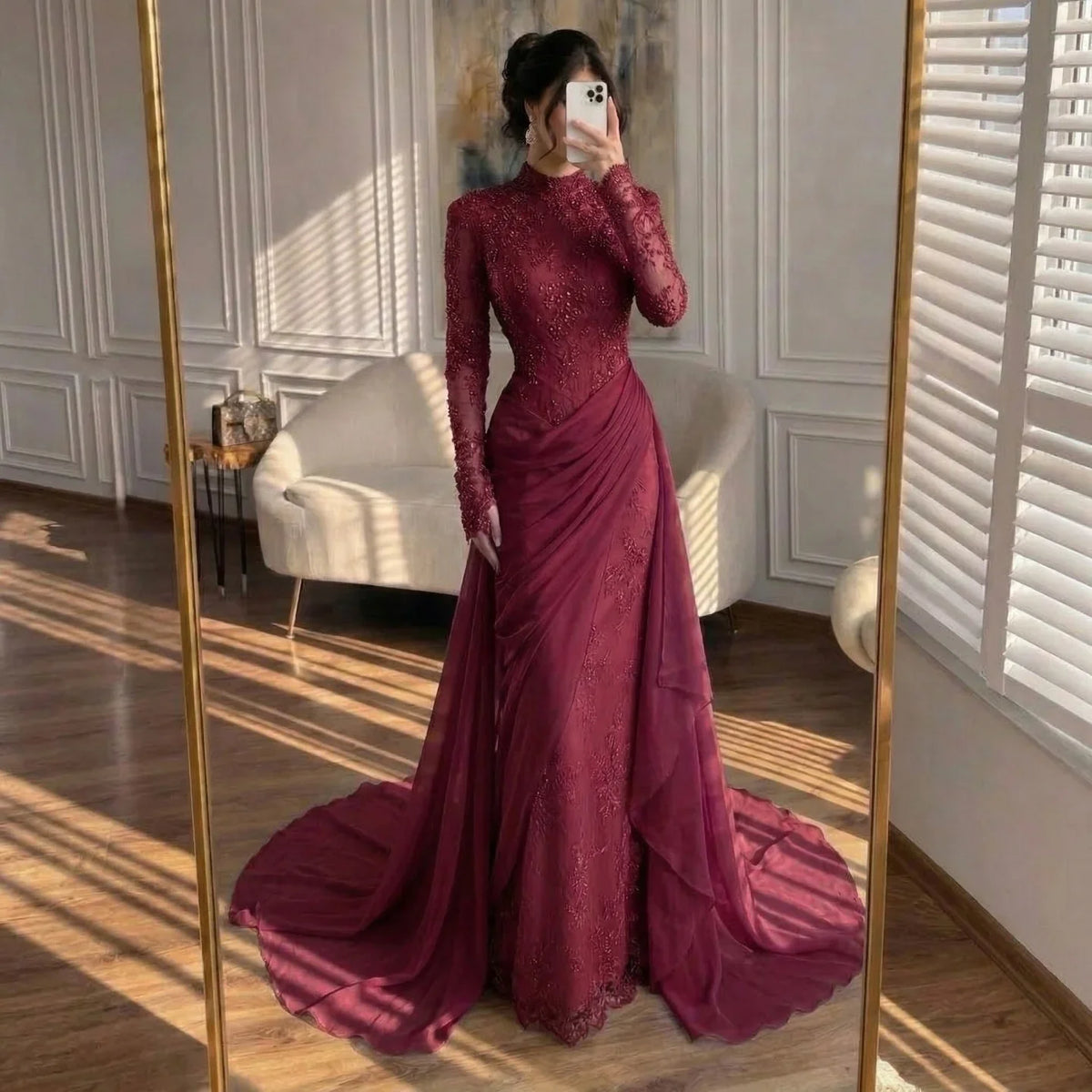 Zapdress Customized Wine Red Mermaid Evening Dresses with Wrap Skirt High-End Lace Formal Party Gowns for Women (ZD17283)