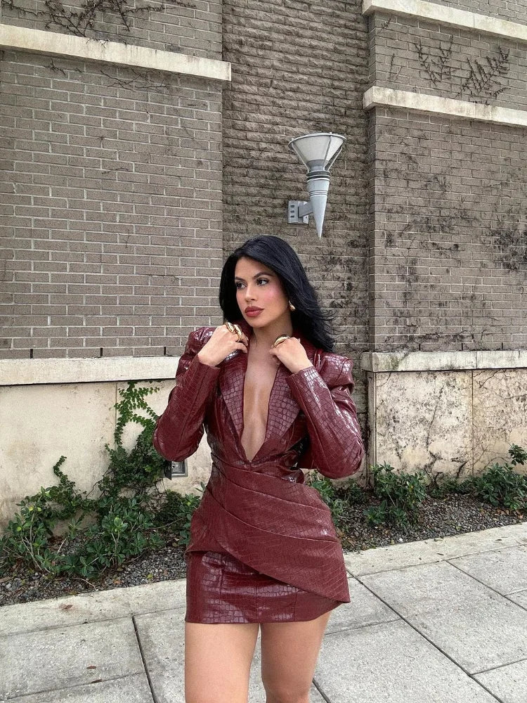 Women Sexy Deep V Red Lattice Leather Mini Dress Fashion Long Sleeve High Waist Fold Slim Dresses Lady Highstreet Short Robe