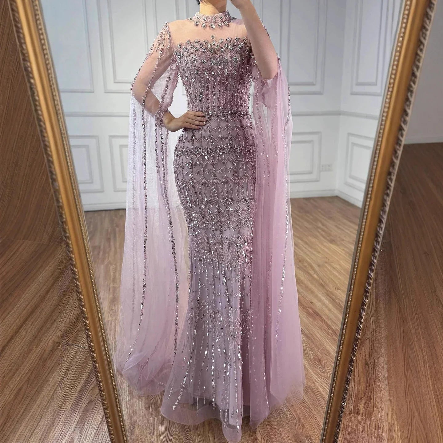 Zapdress Dubai Blue Beaded Evening Dress with Cape Sleeves 2025 Formal Party Gowns for Women DLA72714A Customized (ZD17279)
