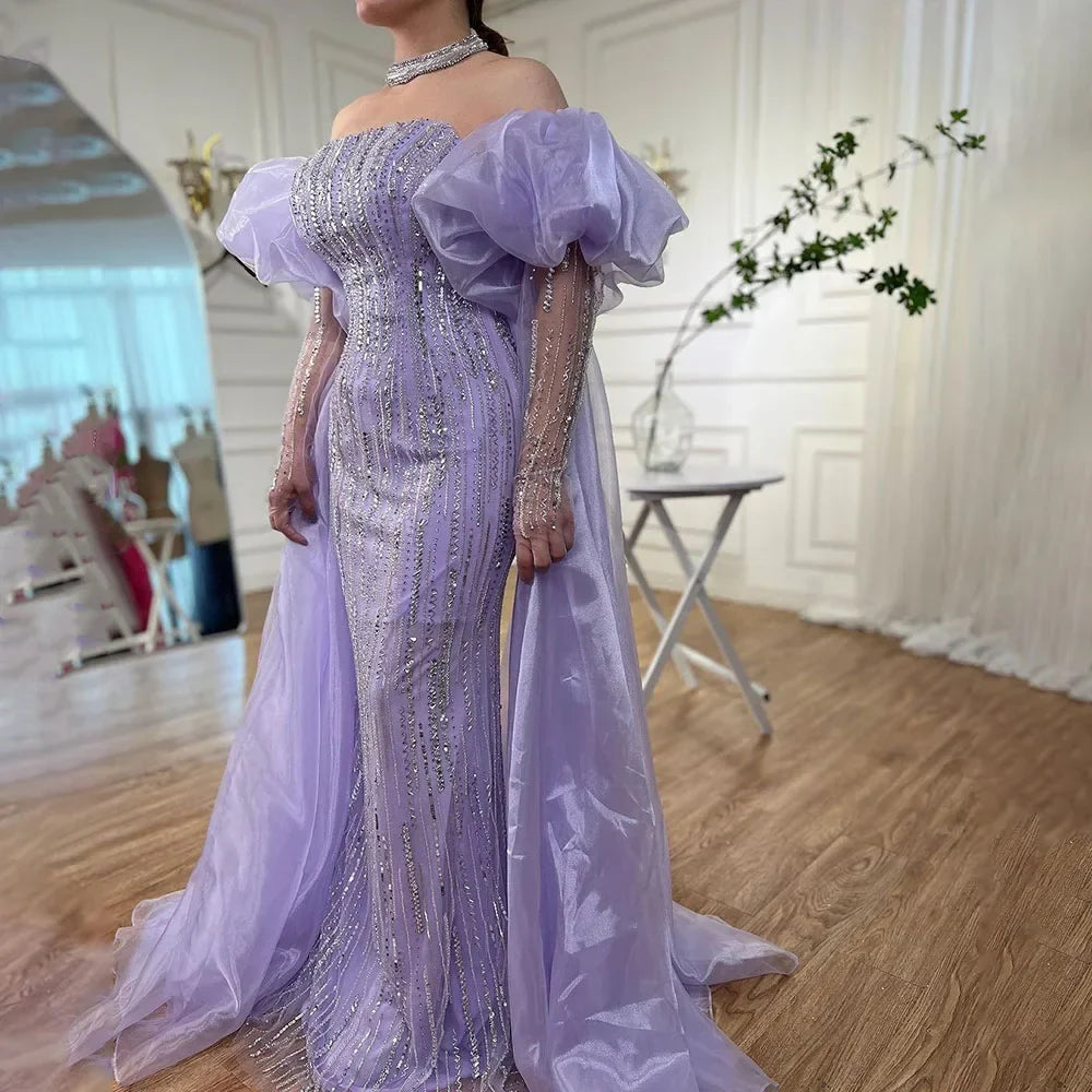 Zapdress Customized Blue Mermaid Puff Sleeves Beaded Evening Dresses Dubai Elegant Party Gowns For Women 2024 (ZD17343)