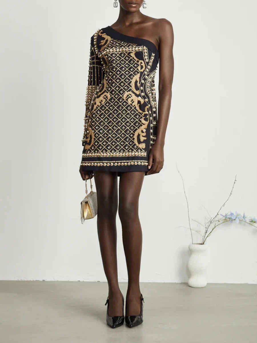Printed Diagonal Neck Off One - Shoulder Patchwork Bead Dress