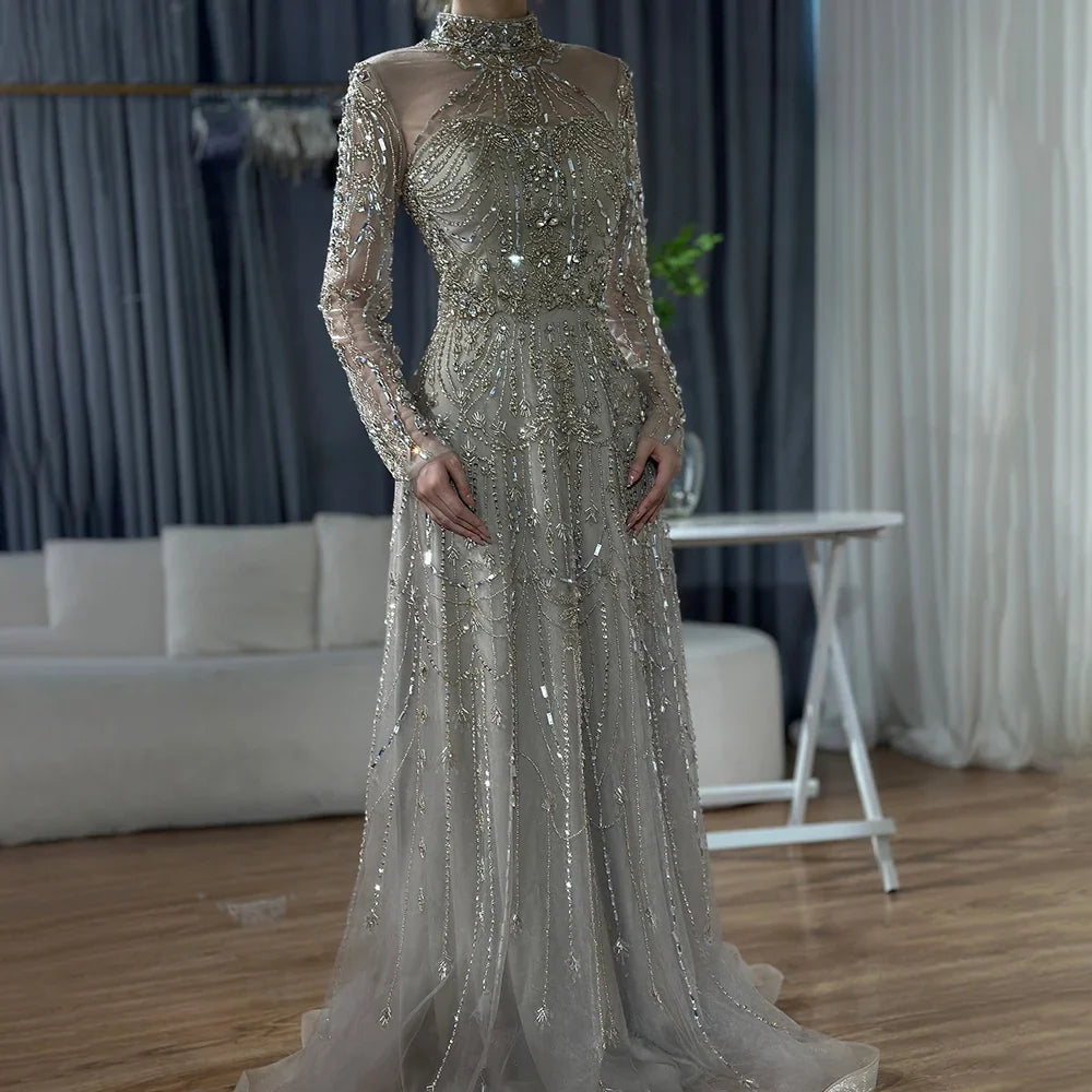 Zapdress Caramel A-Line Long Sleeves Muslim Evening Gowns Luxury Beaded Party Dress for Women 2025 Customized (ZD17270)