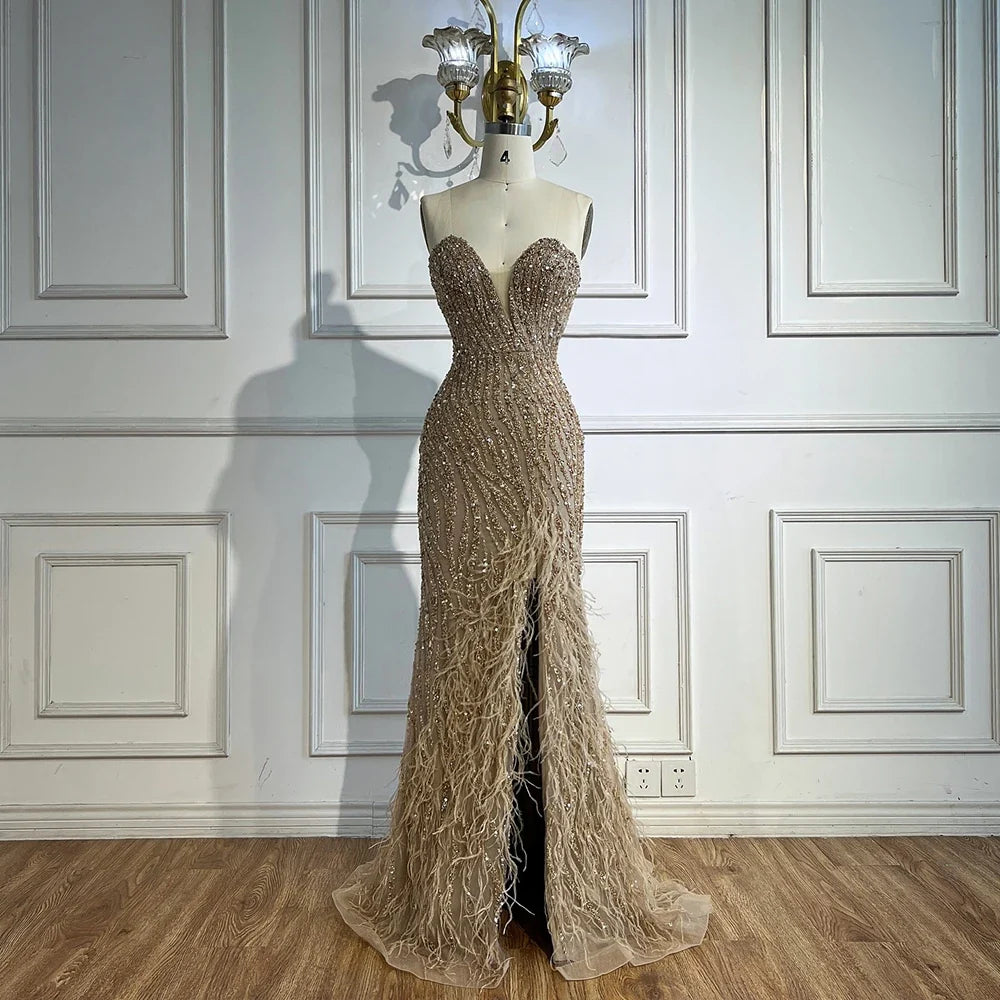 Zapdress Customized 2025 Strapless Blue Luxury Beaded Feathers Slit Open Evening Party Gowns for Women (ZD17371)