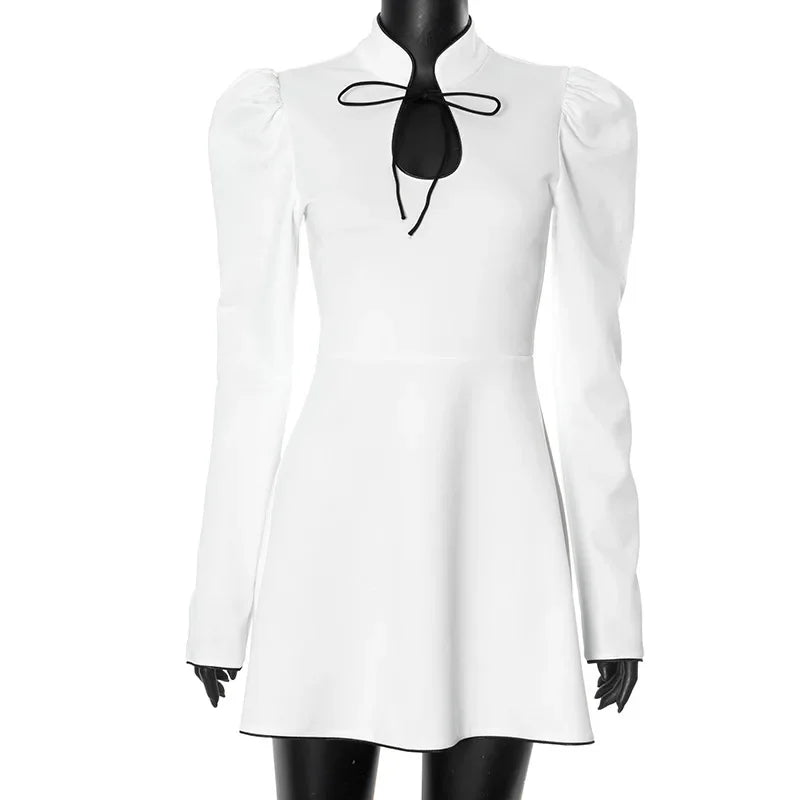 Women's Lace - Up White V - Neck A - Line Short Dress