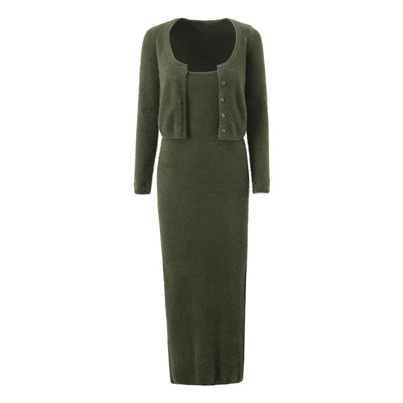 Knitted Cardigan With Camisole Dress Two - piece Set