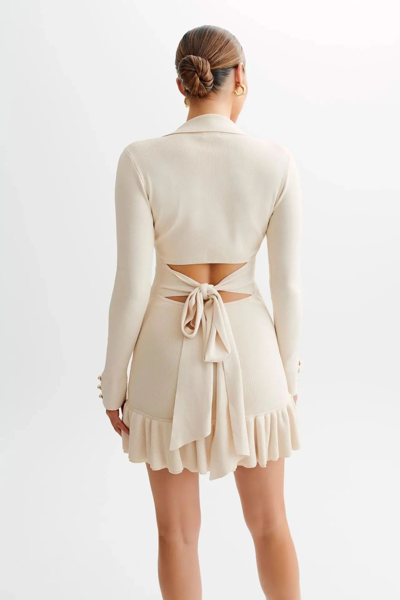 Ruffled Contrast Bow Open Back Lace - Up Knit Mini Dress