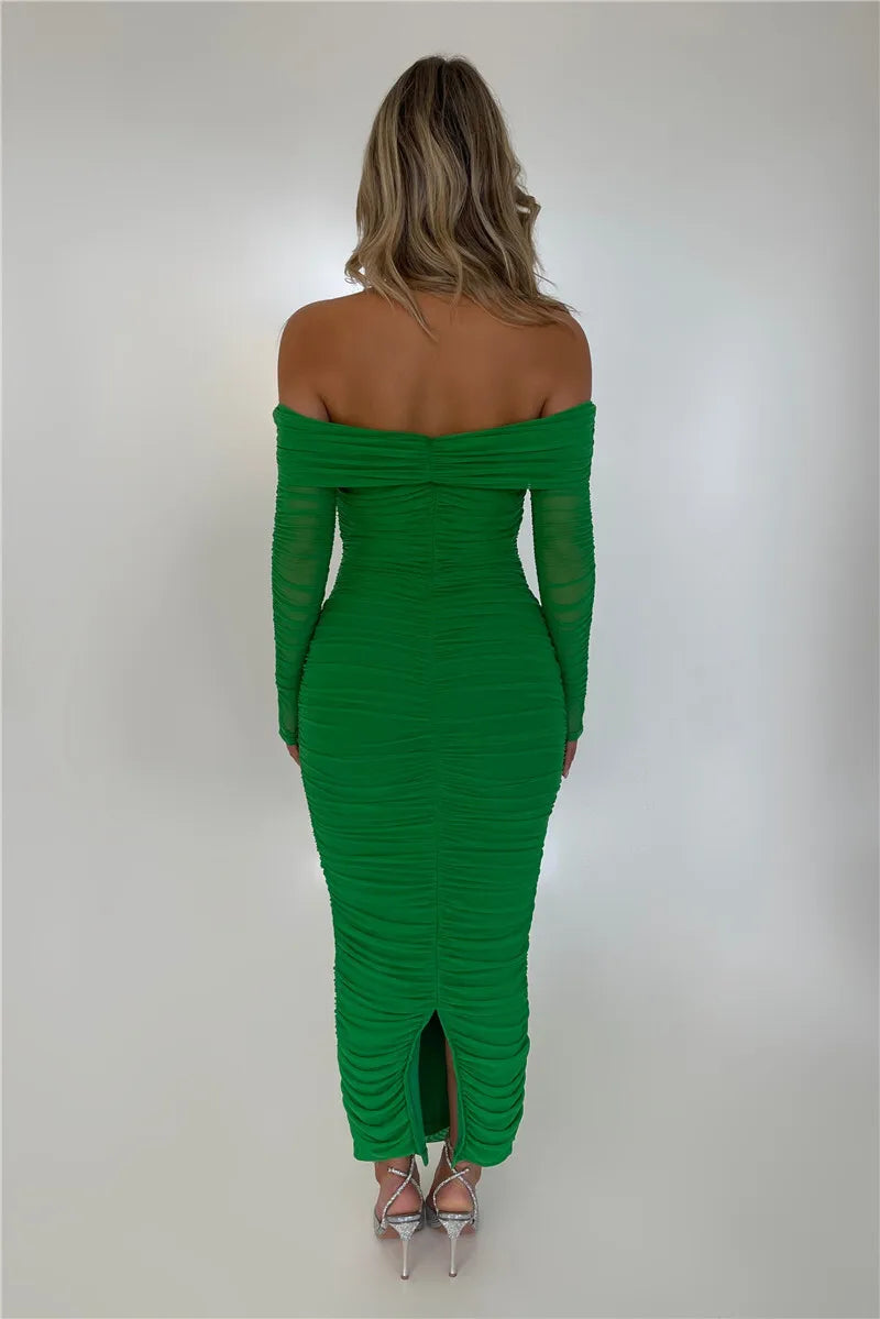Off - shoulder Slash Neck Solid Maxi Dress