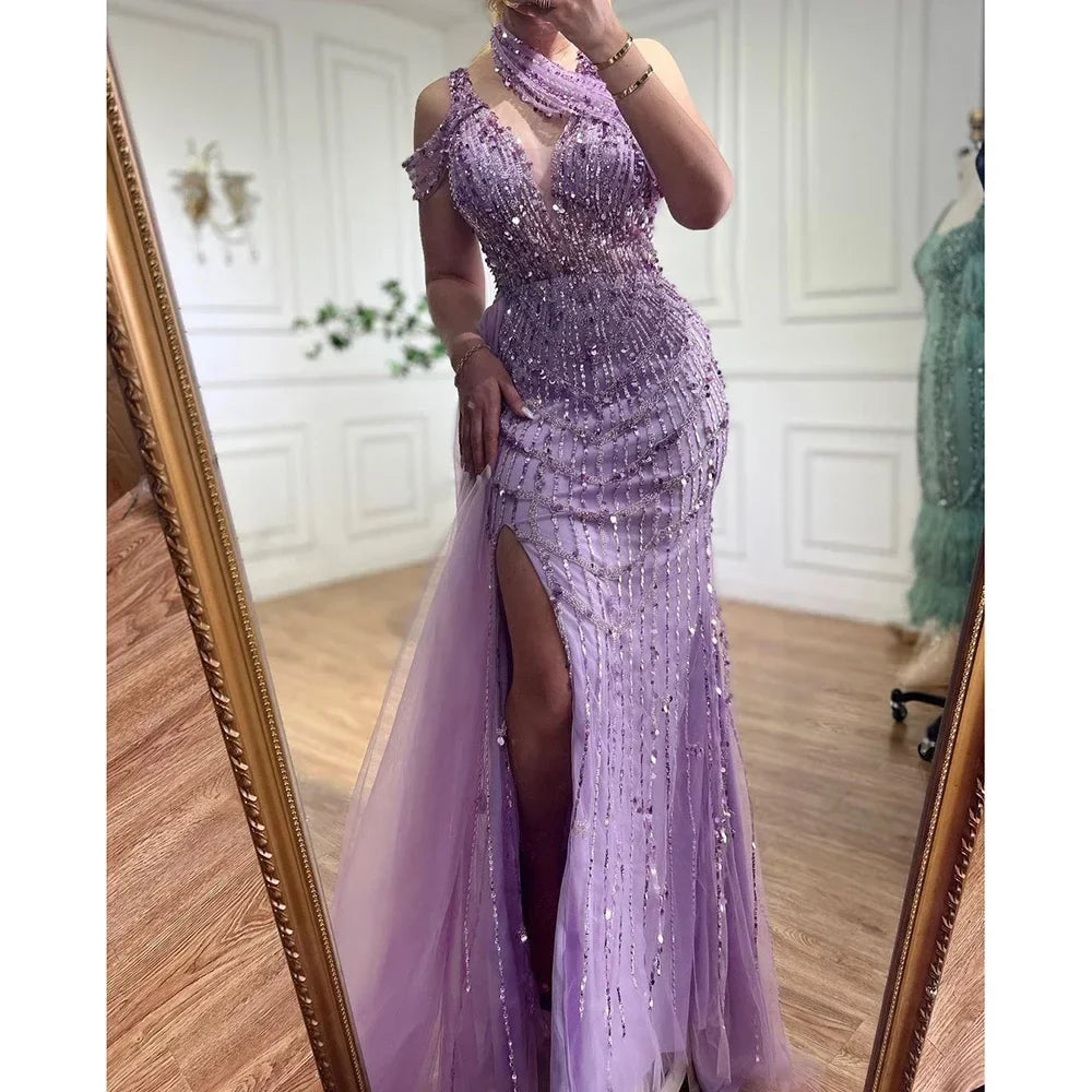 Zapdress Customized Lilac Halter Mermaid Beaded Formal Evening Dresses Elegant Wedding Party Gowns for Women DLA71778A (ZD17376)