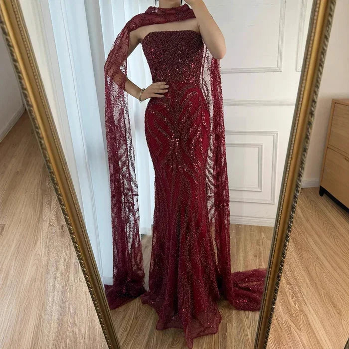 Zapdress Red Mermaid Detachable Cape Sleeves Evening Dresses with Lace Up Back Party Gowns for Women DLA72824 Customized (ZD17177)