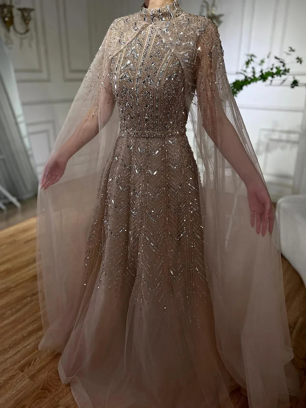 Zapdress Customized 2025 Blue Beaded A-Line Cape Sleeves Formal Evening Dresses Elegant Party Gowns for Women (ZD17192)