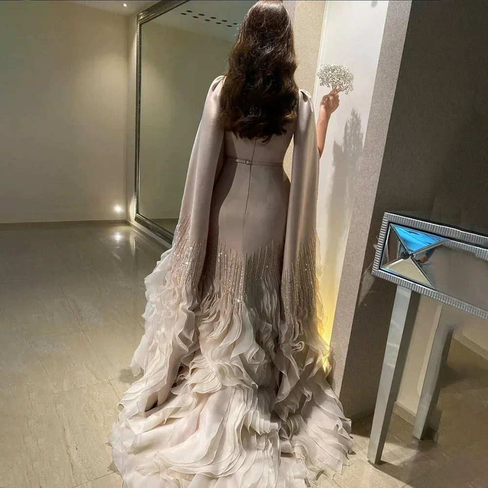 Zapdress 2025 Champagne Mermaid Luxury Cape Sleeves Beaded Satin Saudi Evening Dresses Gowns for Party DLA72317A Customized (ZD17235)