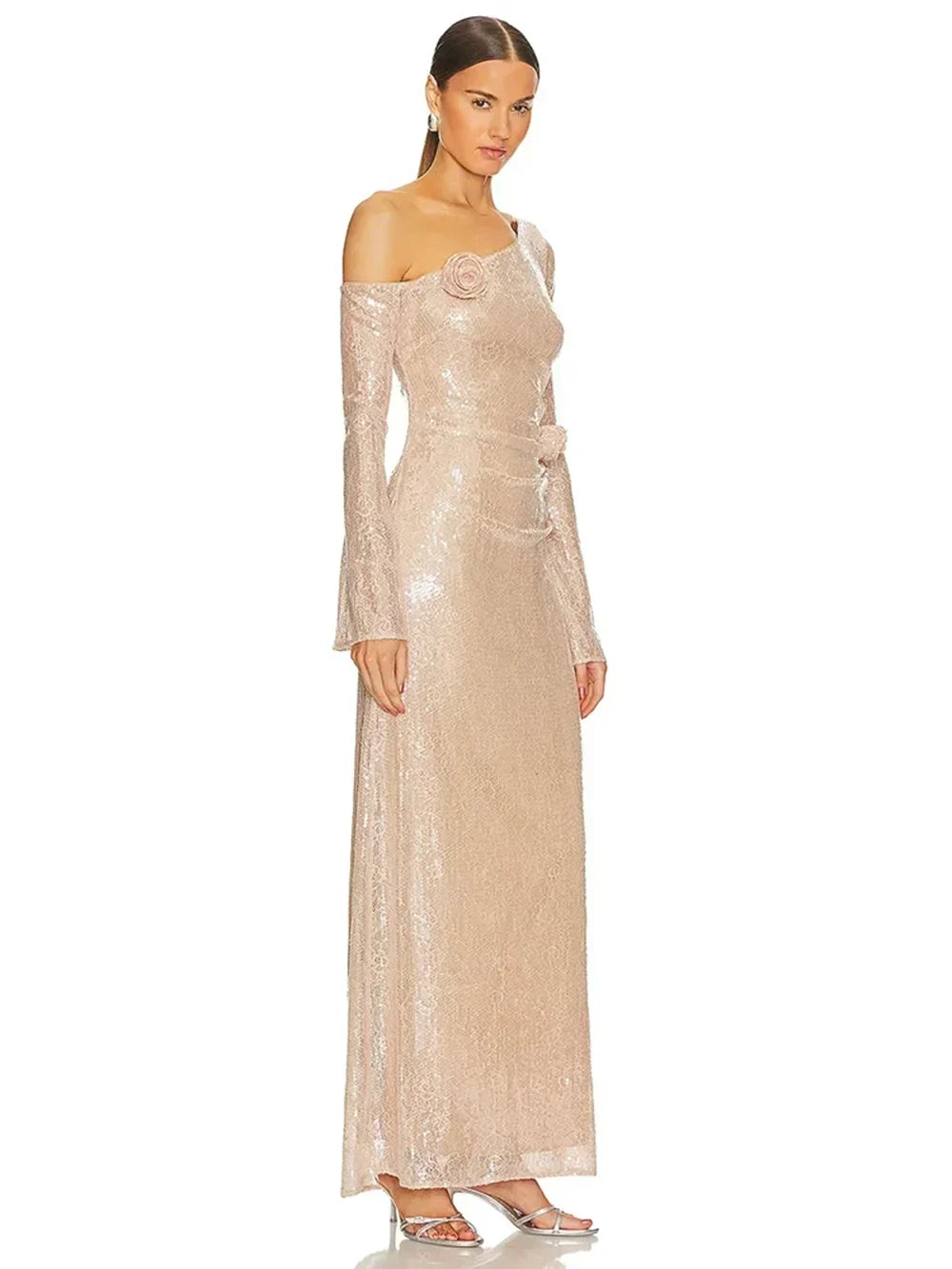 Mesh Sequin 3D Flower Long Sleeve Bodycon Maxi Dress