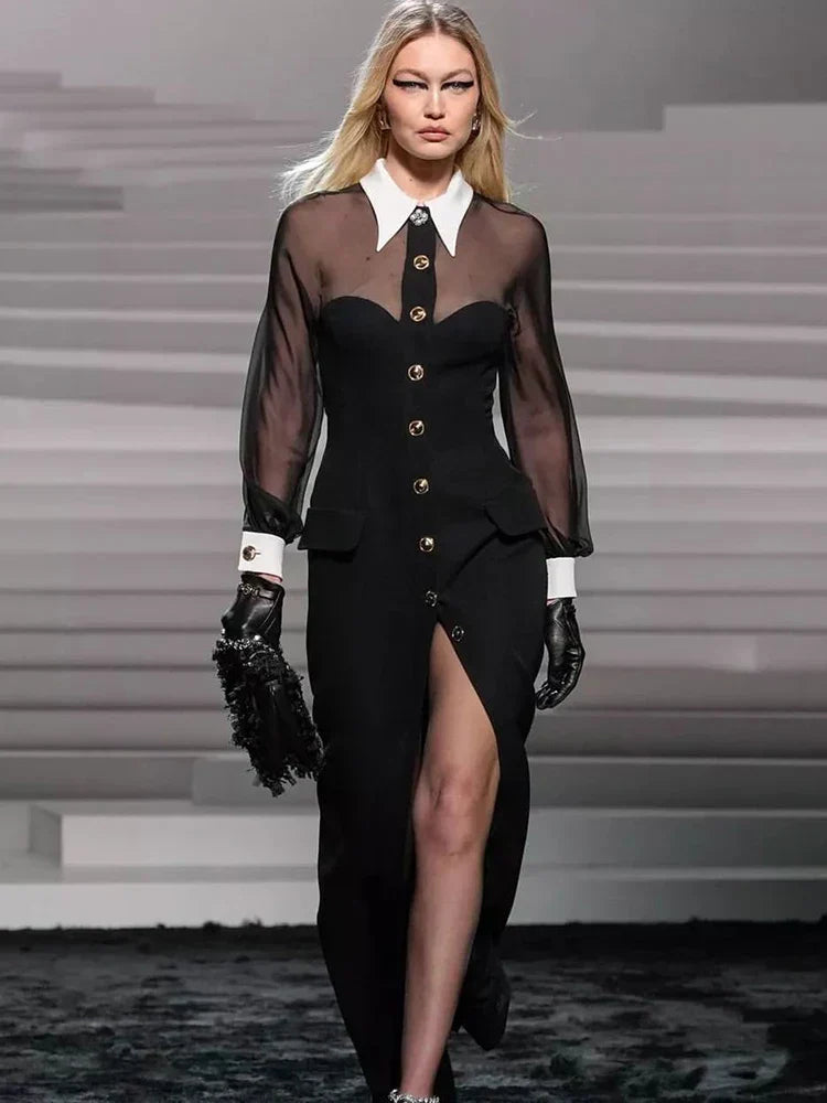 Lapel Mesh Patchwork Button Black Long Dress