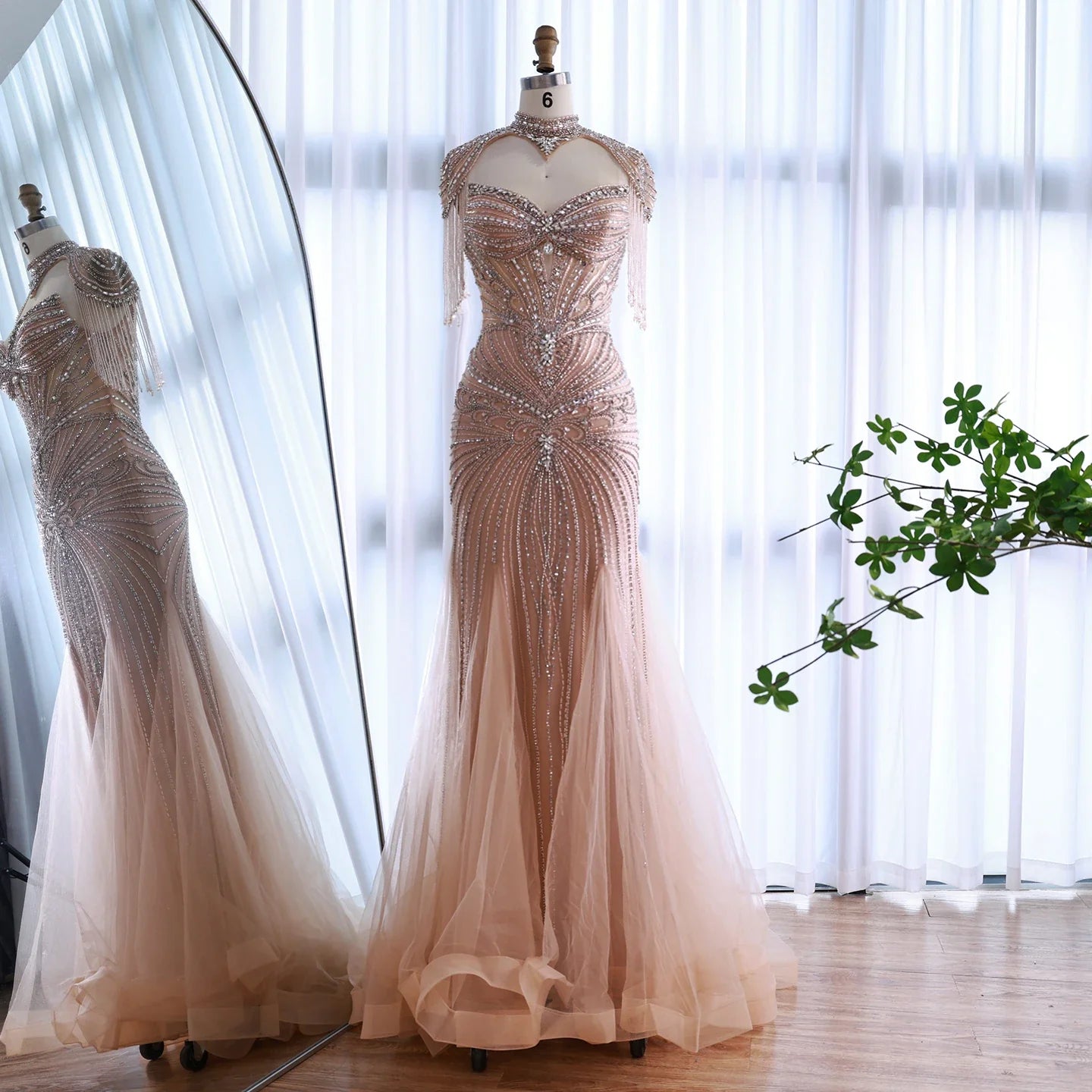 Zapdress Nude Luxury Beaded Evening Dress with Tassel Wedding Party Gowns for Women DLA72897B Customized (ZD17201)