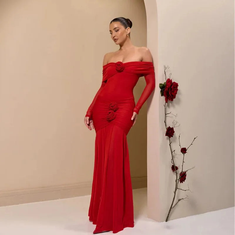 3D Flower - appliqué Mesh Long Sleeve Fishtail Maxi Dress