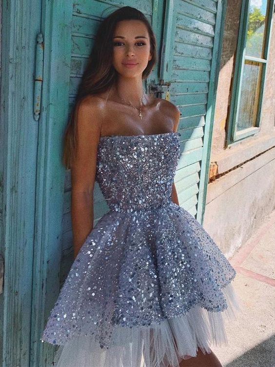 Sparkly Sequin Tulle A-line Backless Homecoming Dress S6497 - VelvetHem