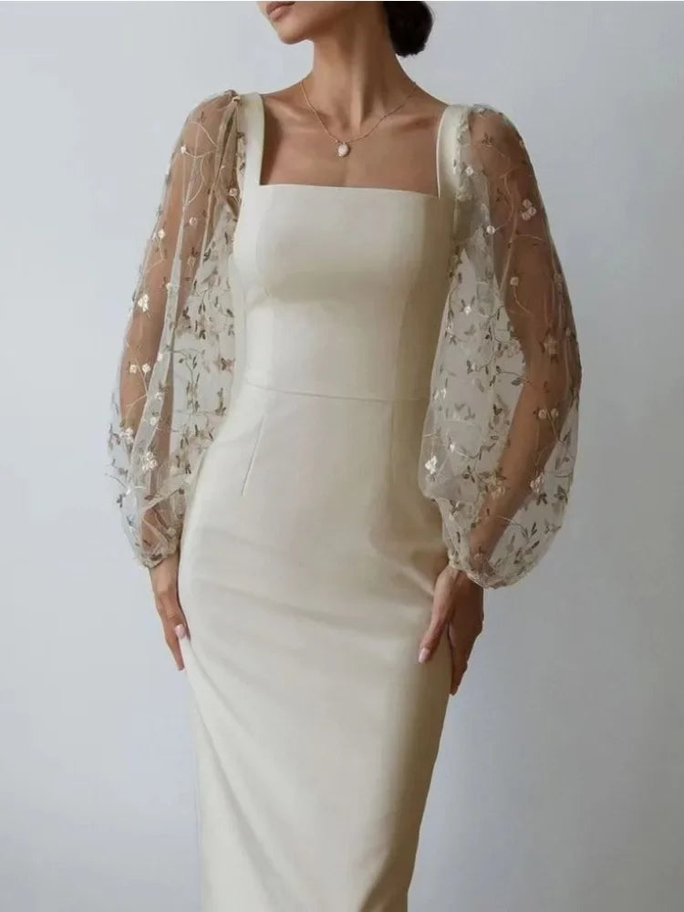 Isabella Boutique Evening and Party Dress with Square Neckline and Long Sleeves Premium Wardrobe Essential