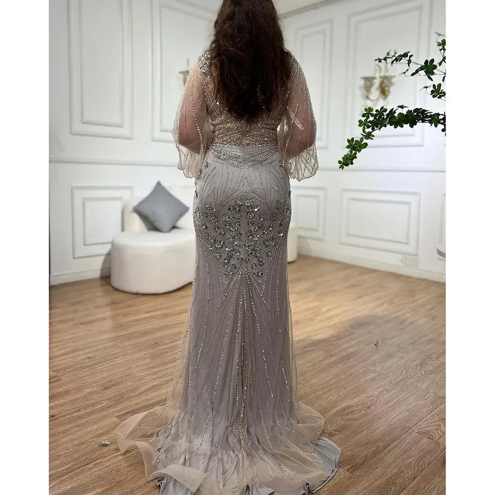 Zapdress Customized Silver Beaded Mermaid Evening Dresses 2025 Full Sleeves Elegant Party Gowns For Women (ZD17179)