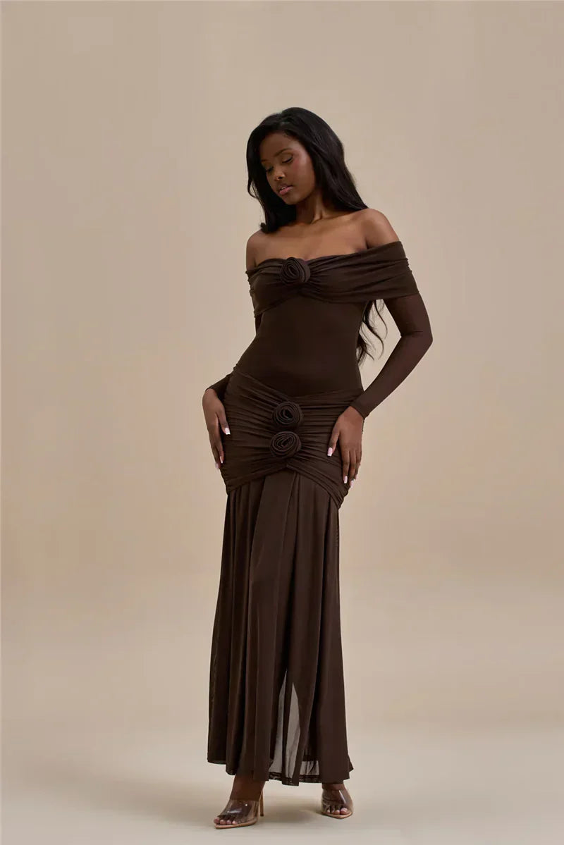 Off - shoulder Strapless Rose Long Sleeve Dress