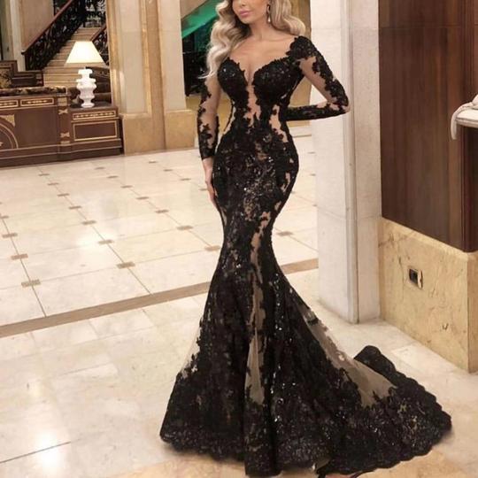 modest black prom dresses long sleeve lace appliqu� elegant evening gown formal dresses S11019 - VelvetHem