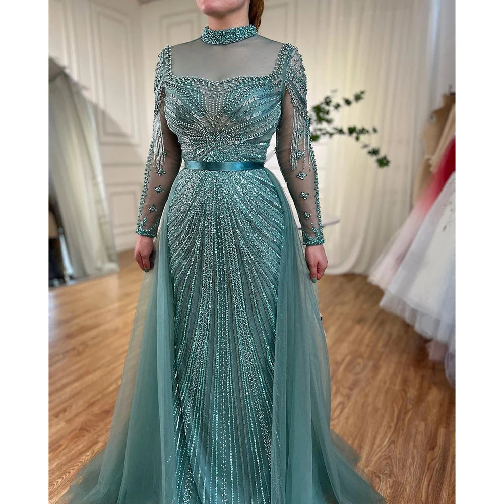 Zapdress Customized Nude Long Sleeves Beaded Mermaid Dubai Evening Dresses 2025 Muslim Party Gowns for Veiled Women (ZD17327)