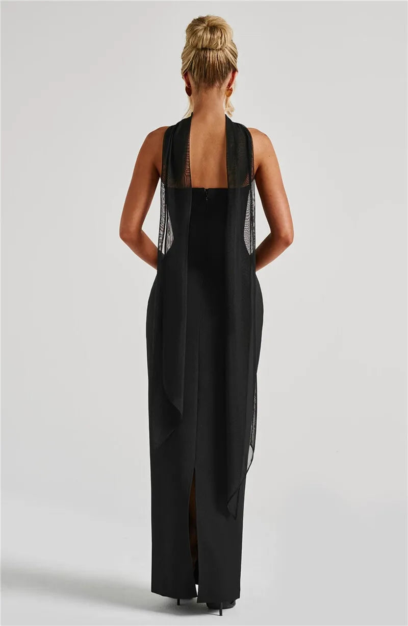 Scarf Collar Strapless Off - shoulder Long Dress