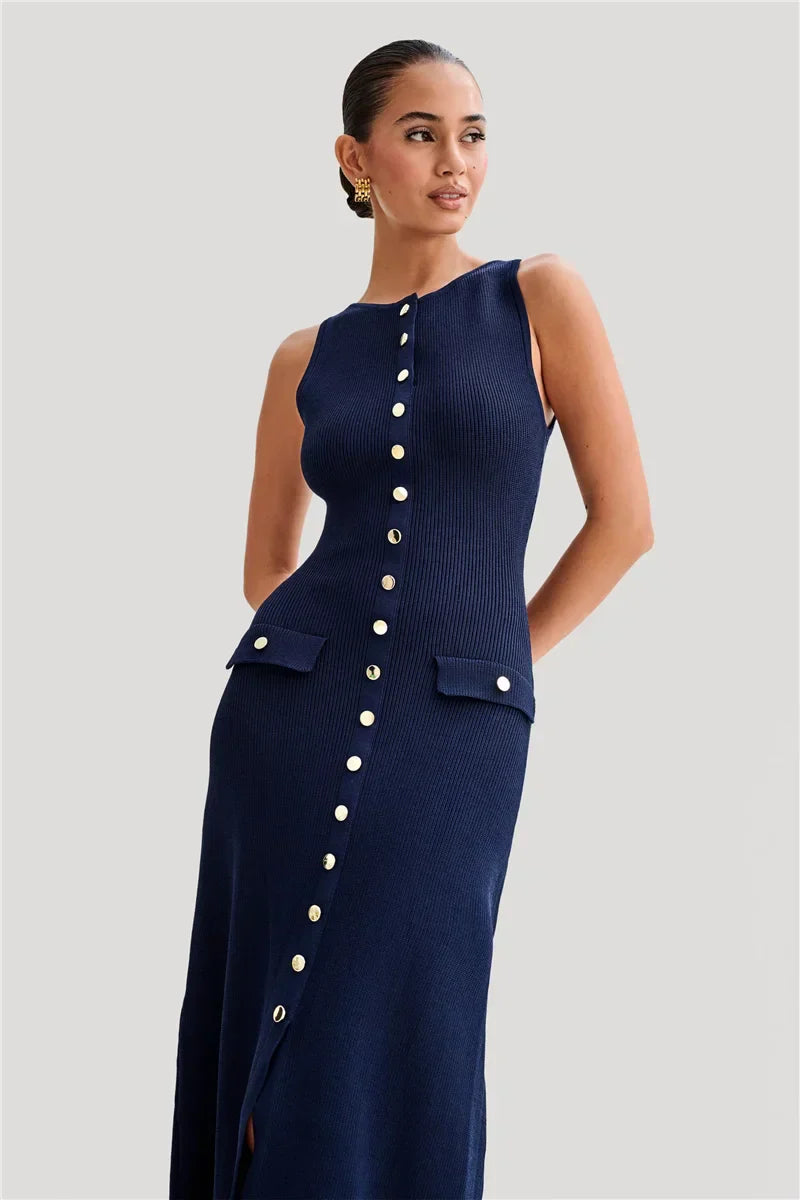 Knit Maxi Dress with Pockets Button - Front