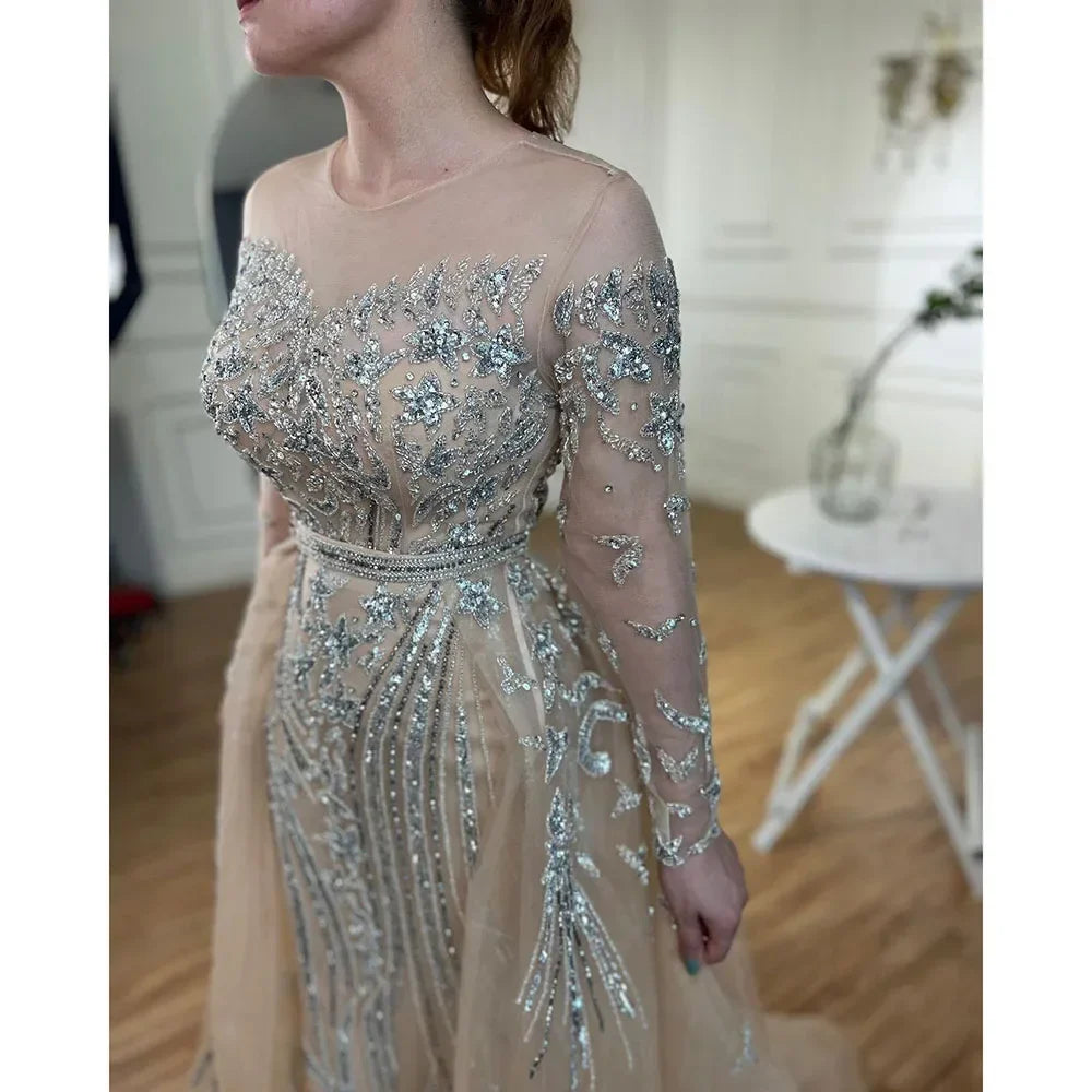Zapdress Customized Nude Long Sleeves Mermaid Beaded Muslim Evening Dresses Overskirt Dubai Party Gowns For Women (ZD17233)
