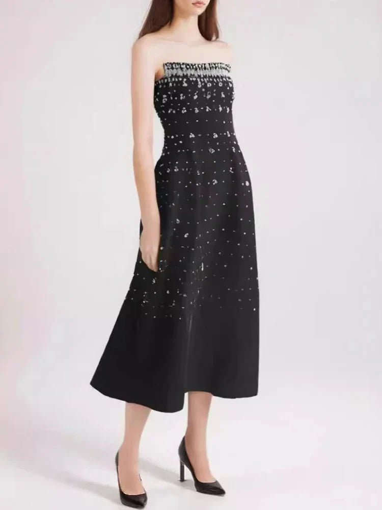Diamonds Black Crystal Pearl Mini Midi Dress