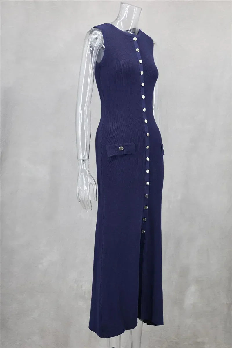 Knit Maxi Dress with Pockets Button - Front