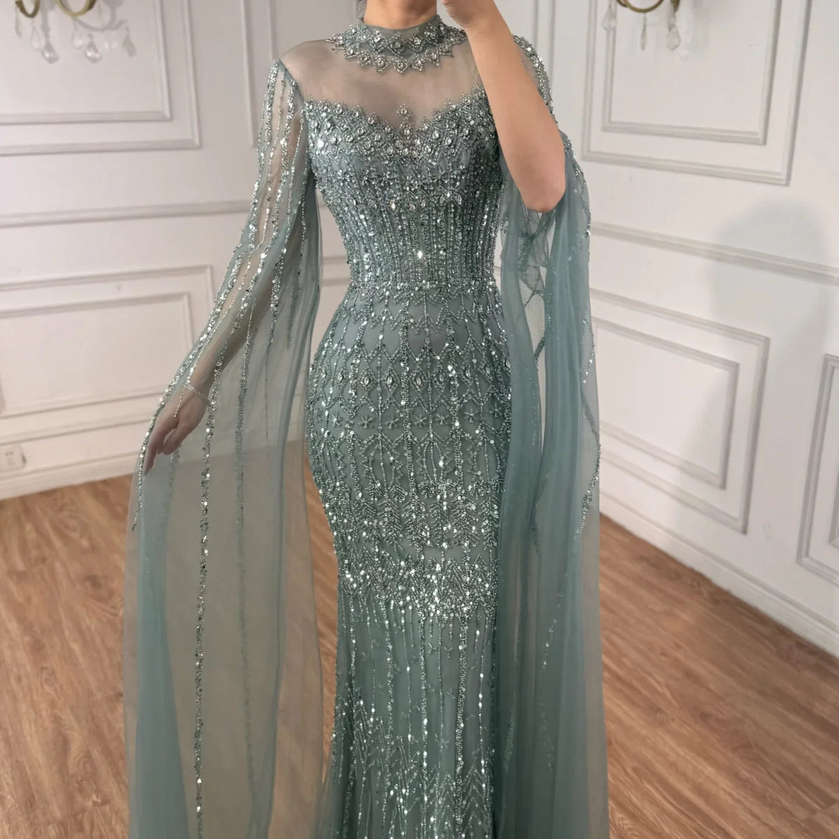 Zapdress Customized Turquoise Beaded Mermaid Evening Dress with Cape Sleeves 2026 Formal Party Gowns for Women DLA72714AA (ZD17229)