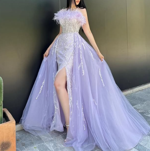 Pretty Lilac Tulle Sequins Mermaid Prom Dress,Slit Long Party Evening Dress