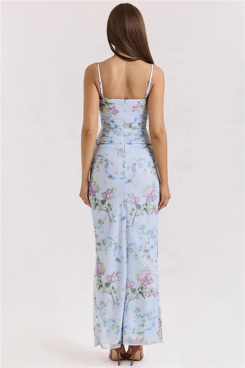 Floral Print Mesh Zipper Spaghetti Strap Long Dress