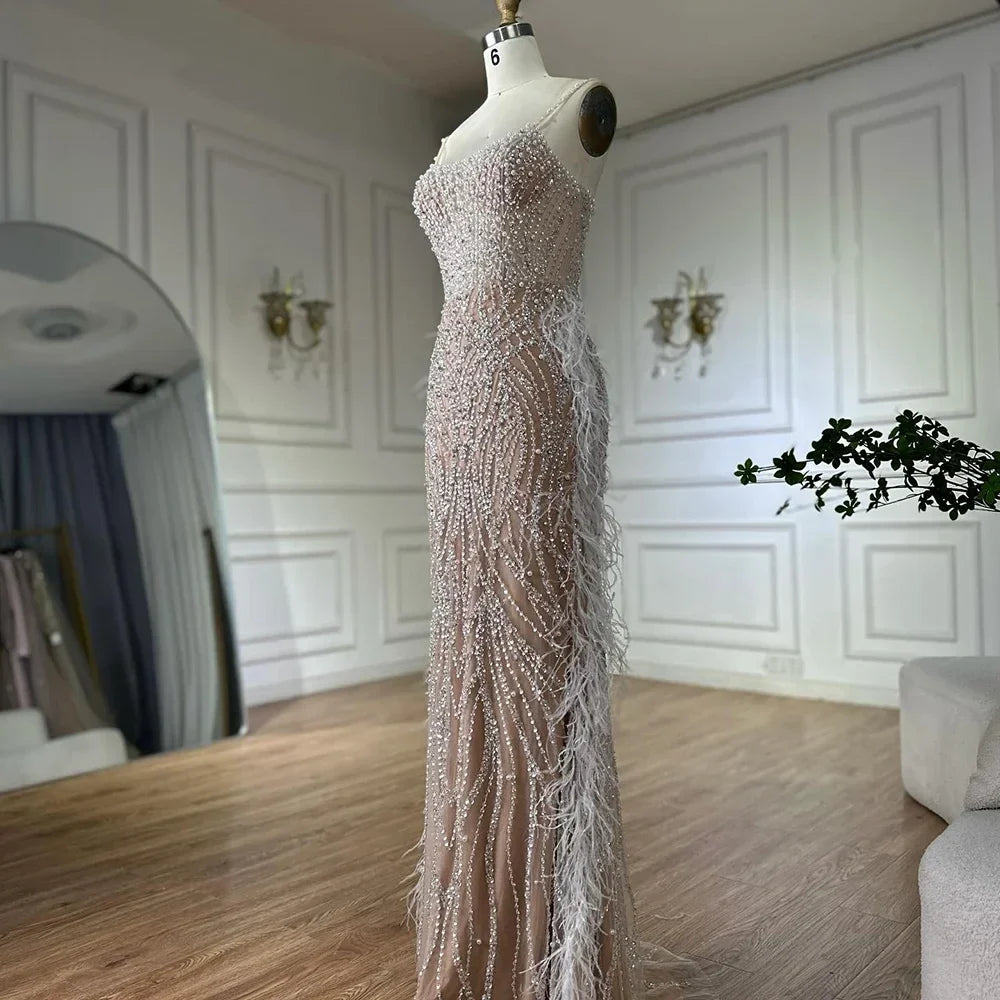 Zapdress White Nude Spaghetti Strap Feathers Beaded Mermaid Evening Dress Party Gown for Women DLA72823 Customized (ZD17377)