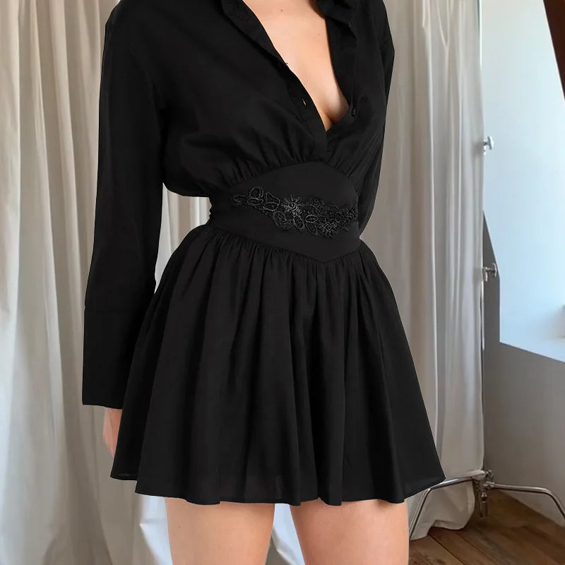 Turn - down Collar Pleated Mini Dress