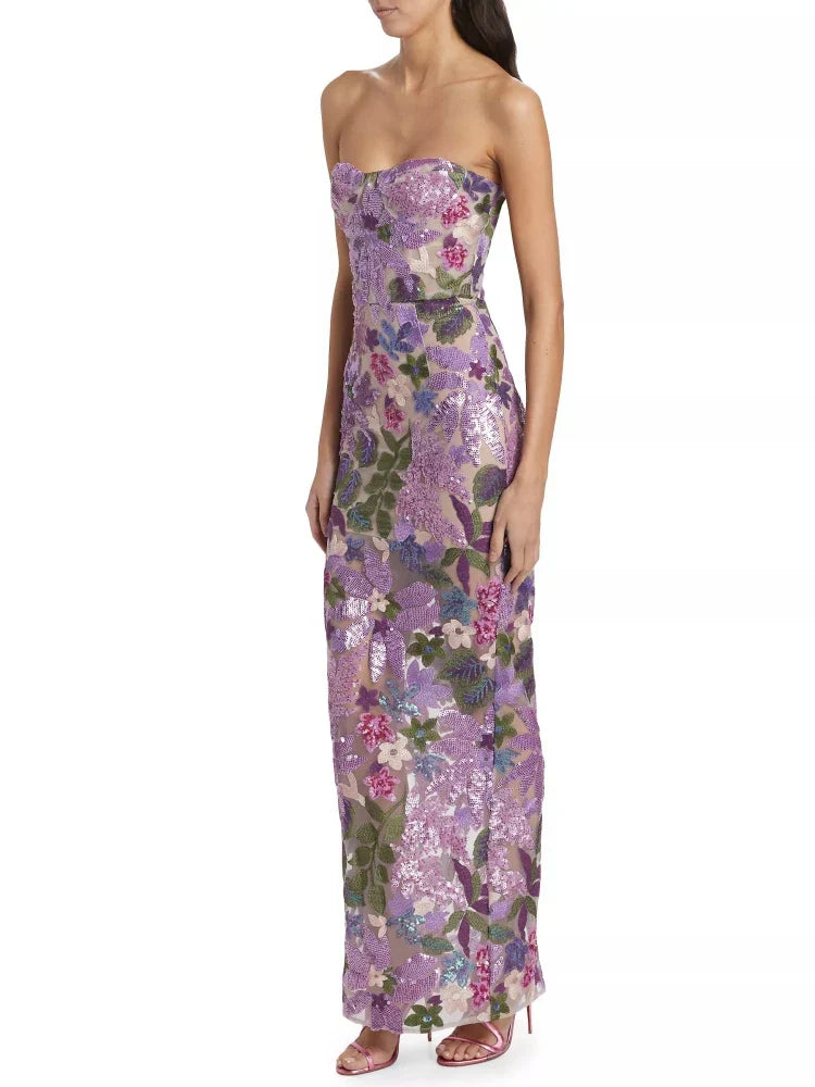 Sequin Floral - Embellished Lavender Strapless Dress