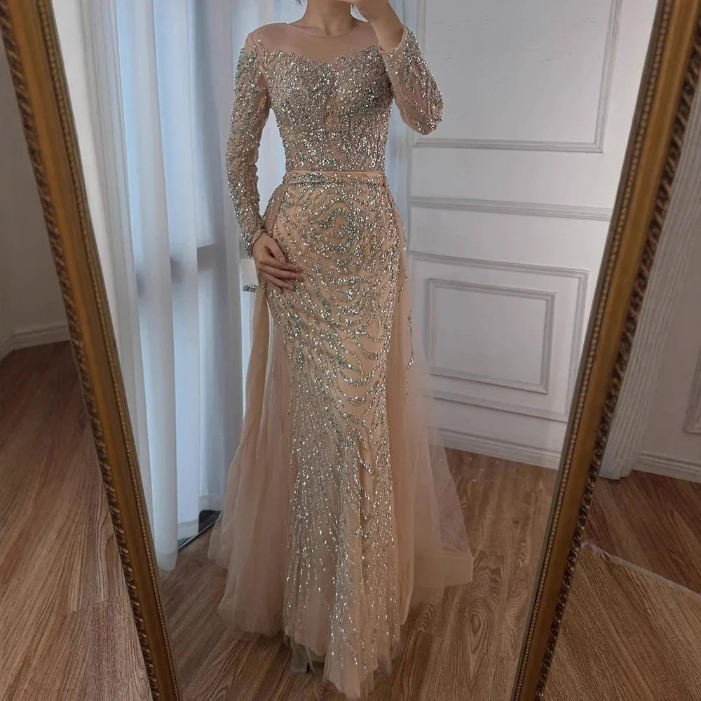 Zapdress Nude Mermaid Long Sleeve Evening Dress with Overskirt Luxury Beaded Wedding Party Gown for Women Customized (ZD17389)